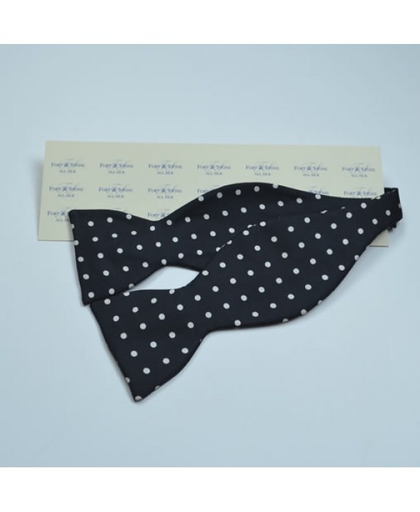 Fine Silk Spotted Self Tie Bow with White Spots on Navy Blue